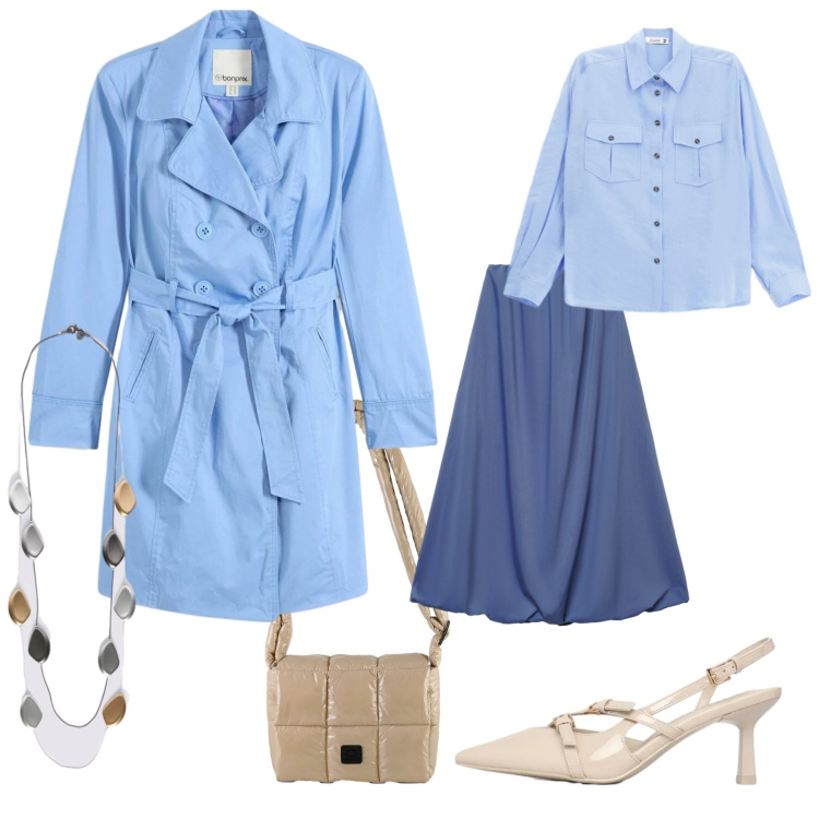 Outfit donna - Un trench a marzo. Stile Casual per Tutti i giorni. Abbinamento con trench, décolleté, gonne lunghe, collane, camicie, borse a spalla.