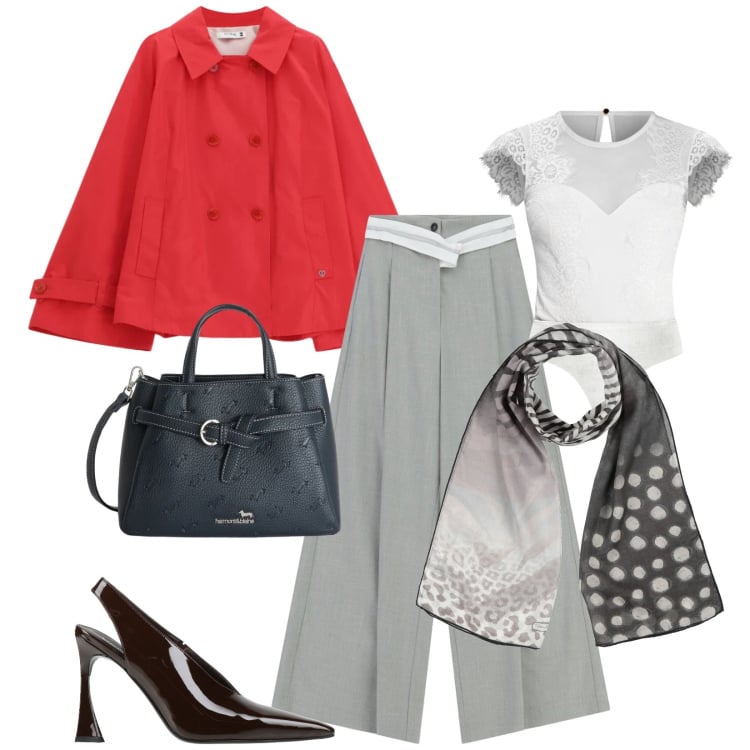 Outfit donna - Total look #2360420. Stile Bon Ton per Cerimonia. Abbinamento con sciarpe, décolleté, borse a mano, pantaloni a palazzo, giacche, top.
