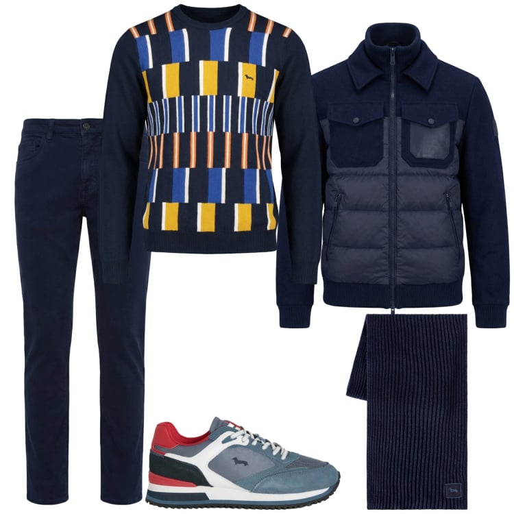Outfit uomo - Deep blue. Stile Casual per Tutti i giorni. Abbinamento con sneakers, pantaloni, bomber, sciarpe, pullovers.