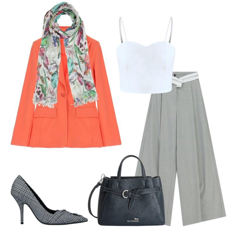 Outfit donna - Total look #2360426. Stile Bon Ton per Cerimonia. Abbinamento con décolleté, sciarpe, borse a mano, pantaloni a palazzo, blazer, top.