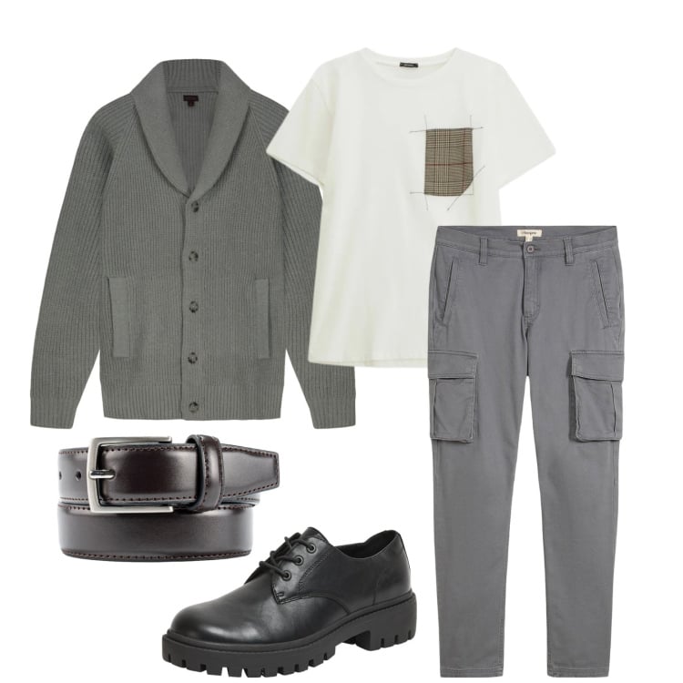 Outfit uomo - Total look #2360429. Stile Trendy per Tutti i giorni. Abbinamento con pantaloni cargo, t-shirt, scarpe stringate, cinture, cardigans.