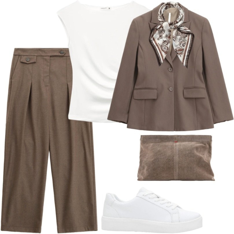 Outfit donna - Total look #2360431. Stile Casual chic per Ufficio. Abbinamento con sneakers, top, foulard, blazer, pantaloni, pochette.