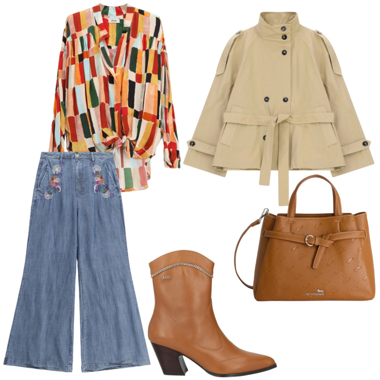 Outfit donna - Come un quadro di Mirò. Stile Etnico per Tutti i giorni. Abbinamento con stivaletti, borse a mano, trench, bluse, pantaloni a palazzo.