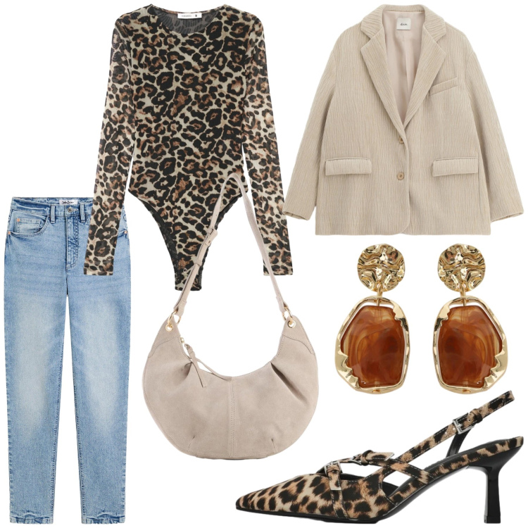 Outfit donna - Total look #2360435. Stile Casual chic per Serata fuori. Abbinamento con borse a tracolla, jeans mom, décolleté, t-shirt, blazer, orecchini.