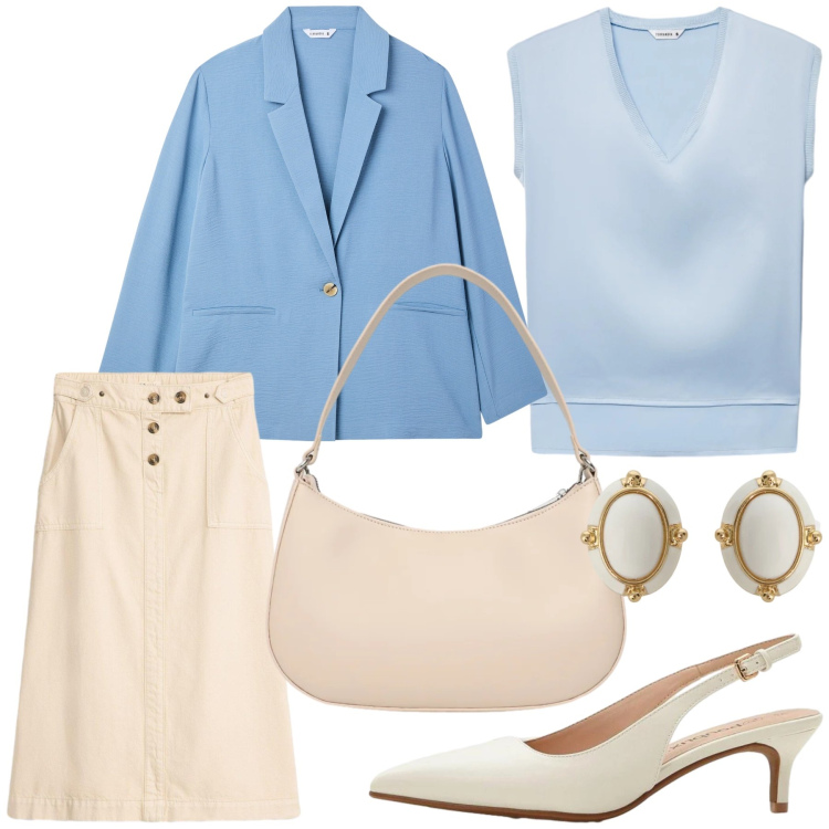 Outfit donna - Total look #2360442. Stile Casual chic per Ufficio. Abbinamento con décolleté, gonne longuette, blazer, top, borse a tracolla, orecchini.