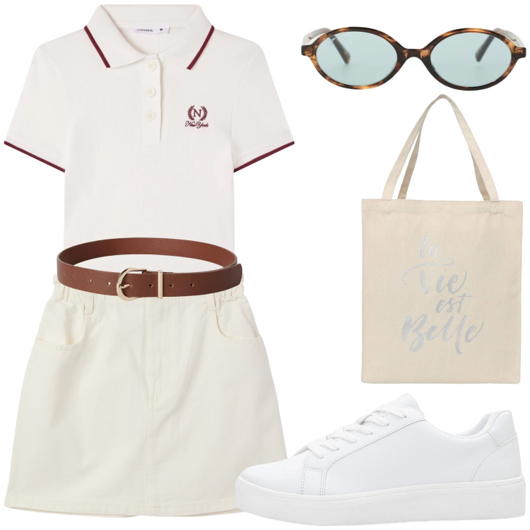 Outfit donna - Total look #2360445. Stile Casual per Tutti i giorni. Abbinamento con sneakers, minigonne, borse tote, cinture, polo, occhiali da sole.