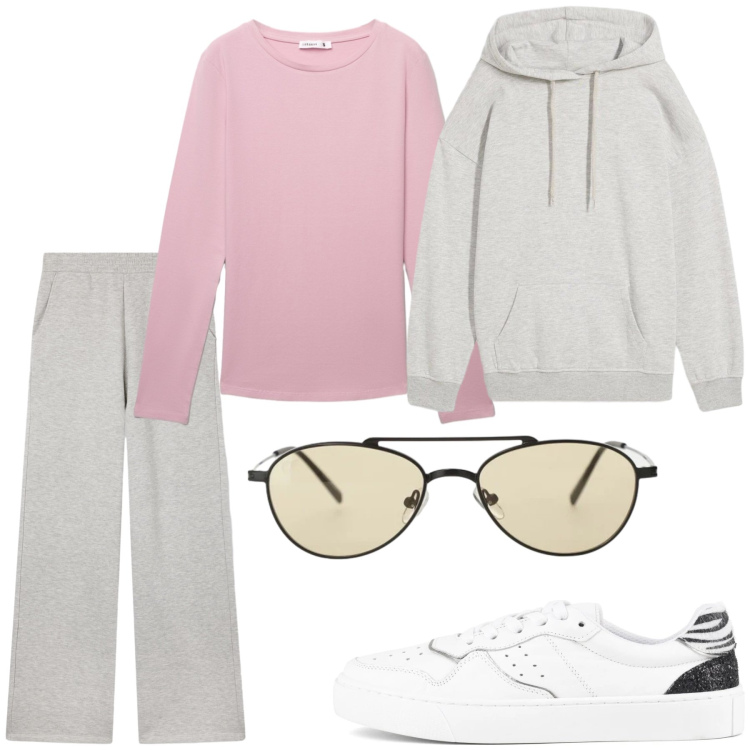Outfit donna - Total look #2360447. Stile Sporty chic per Sport. Abbinamento con felpe con cappuccio, pantaloni, t-shirt, occhiali da sole, sneakers.