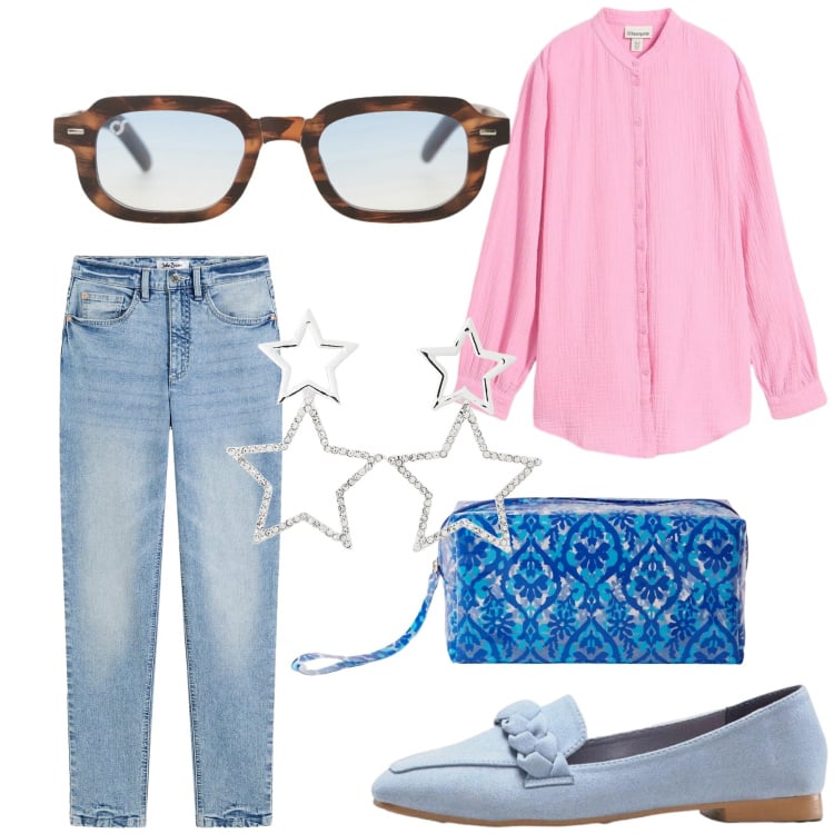 Outfit donna - Total look #2360448. Stile Casual chic per Serata fuori. Abbinamento con jeans mom, mocassini, camicie, occhiali da sole, pochette, orecchini.