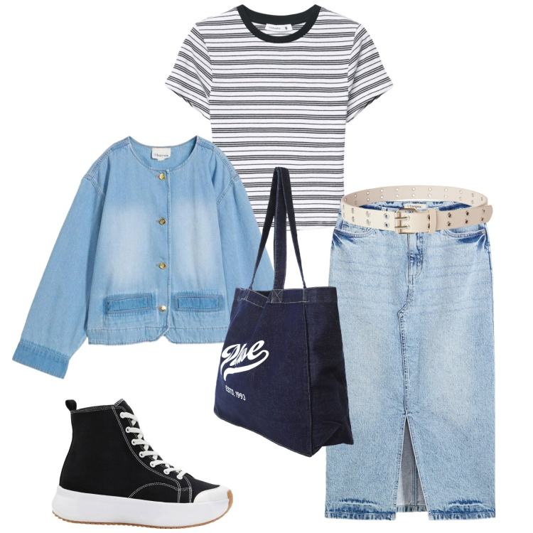 Outfit donna - Total look #2360450. Stile Casual per Tutti i giorni. Abbinamento con gonne longuette, sneakers alte, blazer, cinture, t-shirt, shopping bag.