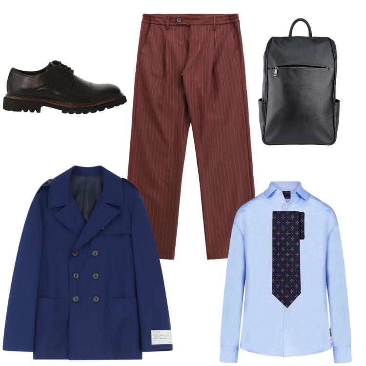 Outfit uomo - Ulisse: in ufficio e poi a cena.. Stile Business/Elegante per Ufficio. Abbinamento con pantaloni, caban, scarpe stringate, camicie, cravatte, borse sportive.