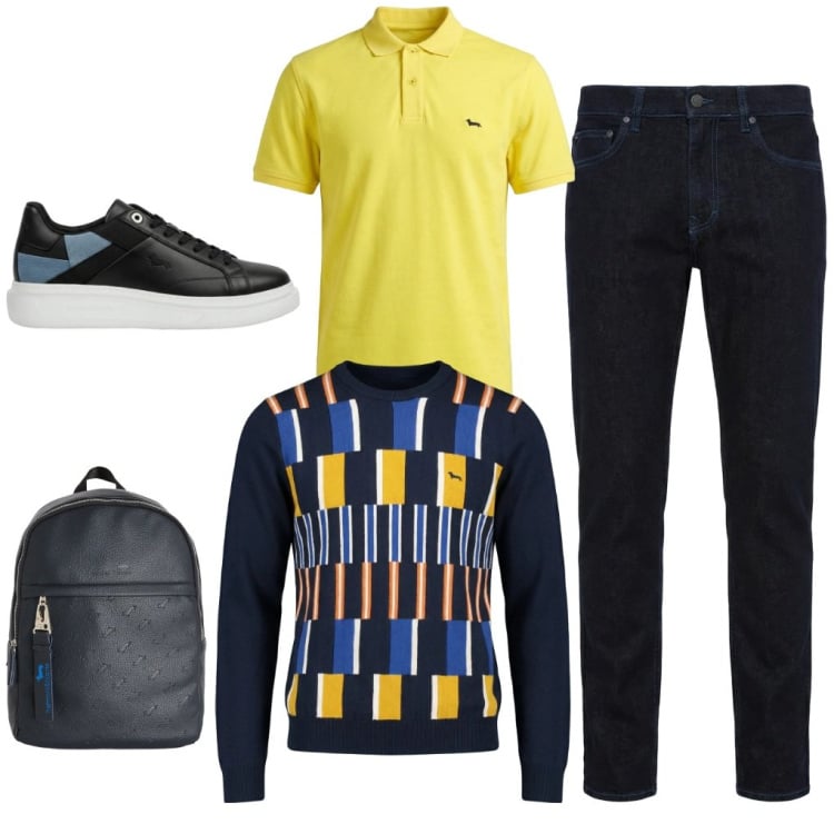 Outfit uomo - Vincenzo: università giallo blu. Stile Urban per Tutti i giorni. Abbinamento con jeans, polo, borse sportive, pullovers, sneakers.