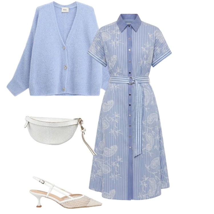 Outfit donna - Primavera curvy. Stile Casual chic per Tutti i giorni. Abbinamento con décolleté, marsupi, vestiti chemisier, cardigans.