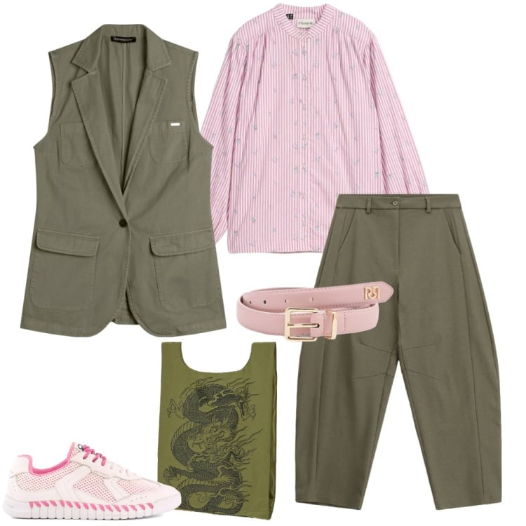 Outfit donna - Primavera curvy. Stile Casual chic per Tutti i giorni. Abbinamento con camicie, pantaloni, gilet, cinture, shopping bag, sneakers.