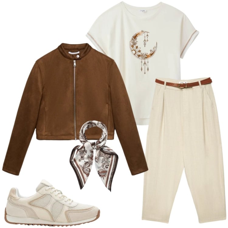 Outfit donna - Primavera curvy. Stile Urban per Tutti i giorni. Abbinamento con sneakers alte, t-shirt, giacche, pantaloni chino, foulard.