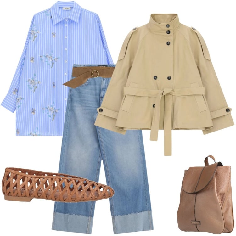 Outfit donna - Primavera curvy. Stile Casual chic per Tutti i giorni. Abbinamento con zaini, ballerine, trench, cinture, camicie, jeans.