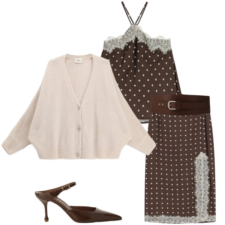 Outfit donna - Primavera curvy. Stile Chic per Serata fuori. Abbinamento con canottiere, gonne lunghe, cardigans, décolleté, cinture.