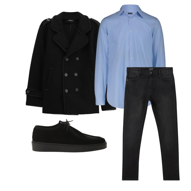 Outfit uomo - Marzo. Stile Casual per Ufficio. Abbinamento con cappotti, scarpe stringate, jeans skinny, camicie.
