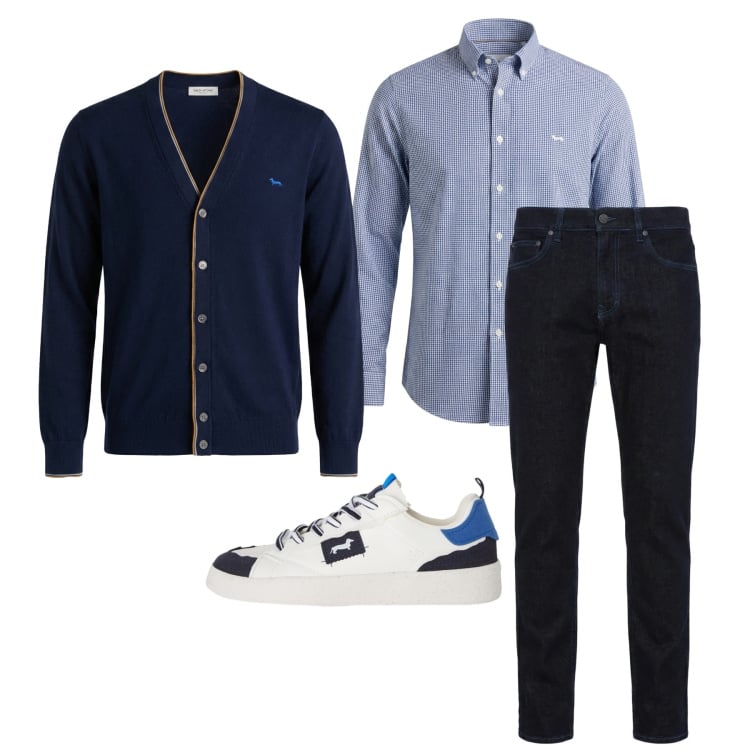 Outfit uomo - Marzo. Stile Casual per Ufficio. Abbinamento con jeans, sneakers, cardigans, camicie.