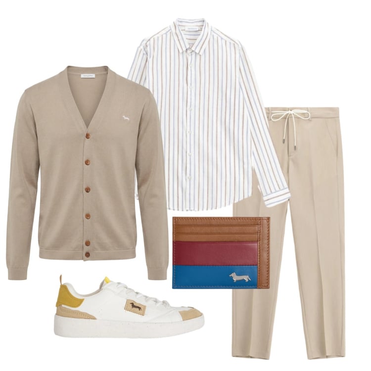 Outfit uomo - Marzo. Stile Trendy per Tutti i giorni. Abbinamento con sneakers, cardigans, portafogli, pantaloni, camicie.