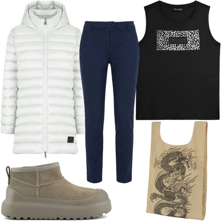 Outfit donna - Total look #2360483. Stile Basic per Tutti i giorni. Abbinamento con pantaloni, top, piumini, shopping bag, stivali.