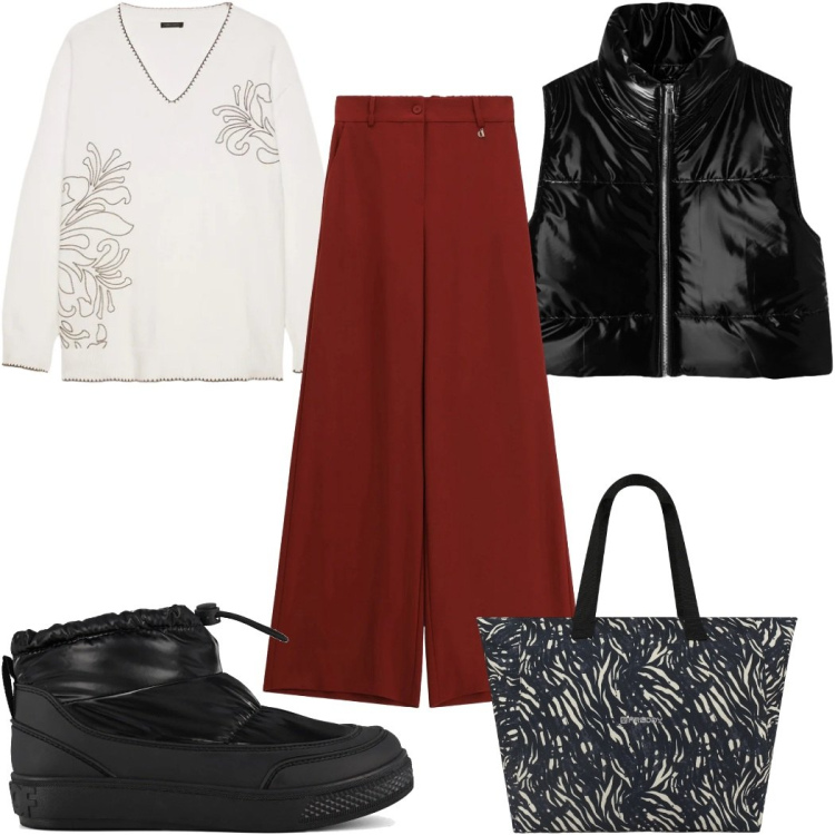 Outfit donna - Total look #2360486. Stile Trendy per Tutti i giorni. Abbinamento con piumini, maglieria, pantaloni a palazzo, shopping bag, stivaletti.