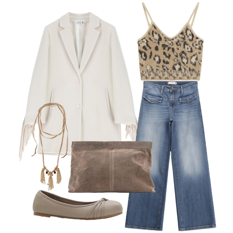 Outfit donna - Marzo. Stile Boho per Tutti i giorni. Abbinamento con ballerine, top, collane, cappotti, jeans, pochette.