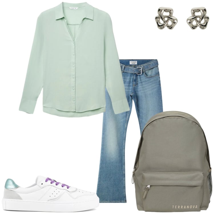 Outfit donna - Aprile che mi metto?. Stile Casual per Tutti i giorni. Abbinamento con jeans a zampa, camicie, zaini, orecchini, sneakers.