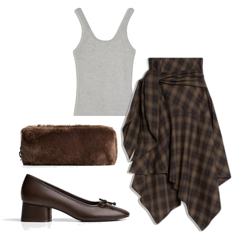 Outfit mujer - Trendy look. Estilo Trendy para Todos los días. Combinación con falda longuette, maletas, bailarinas, camiseta.