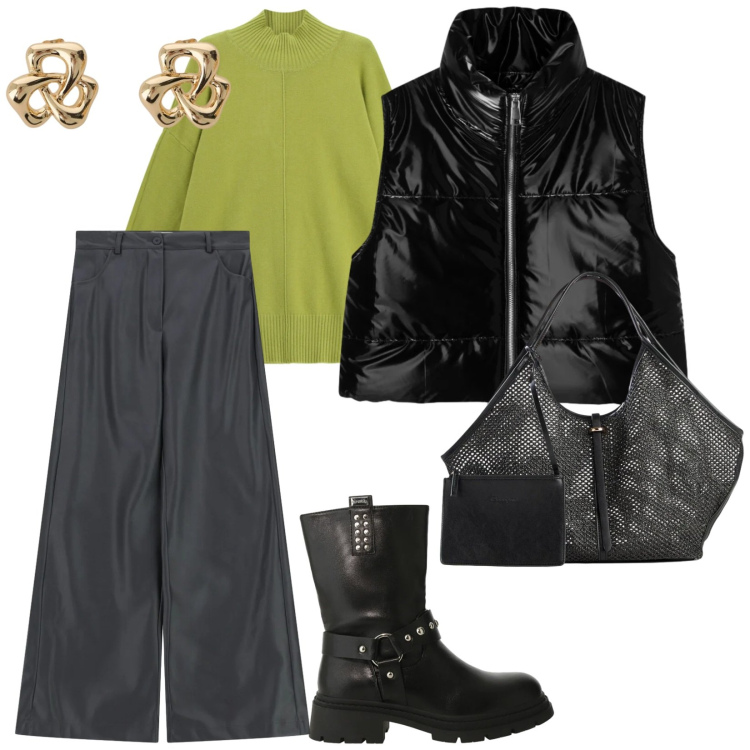 Outfit donna - Di mattina presto. per Tutti i giorni. Abbinamento con shopping bag, piumini, stivali, pantaloni a palazzo, orecchini, maglieria.