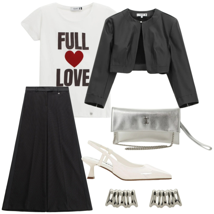 Outfit donna - Sabato. per Tutti i giorni. Abbinamento con décolleté, borse a tracolla, orecchini, t-shirt, pantaloni, blazer.