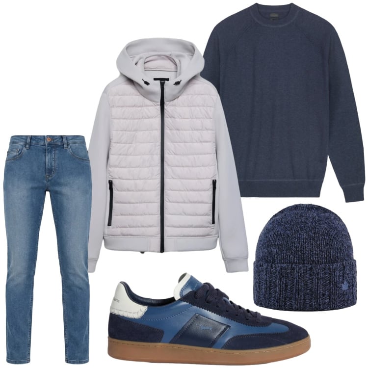 Outfit uomo - Tendenza denim. Stile Trendy per Tutti i giorni. Abbinamento con sneakers, jeans, giacche, cappelli, maglieria.