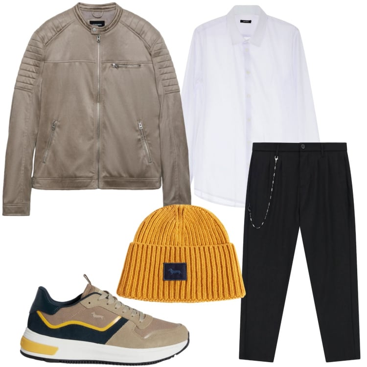 Outfit uomo - Forme ampie. Stile Trendy per Tutti i giorni. Abbinamento con sneakers, berretti, camicie, pantaloni, giacche.