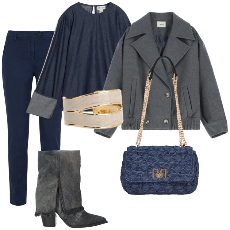 Outfit donna - In blu e grigio. Stile Trendy per Serata fuori. Abbinamento con stivaletti, bluse, pantaloni, cappotti, anelli, borse a spalla.