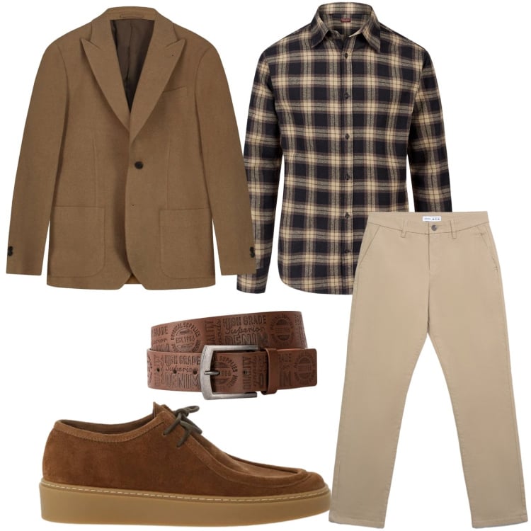 Outfit uomo - L\'immancabile blazer. Stile Trendy per Ufficio. Abbinamento con cinture, scarpe stringate, pantaloni chino, camicie, giacche.