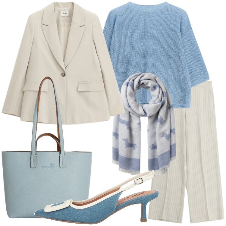 Outfit donna - Primavera che valorizza. Stile Bon Ton per Ufficio. Abbinamento con décolleté, shopping bag, sciarpe, pantaloni a palazzo, maglieria, blazer.
