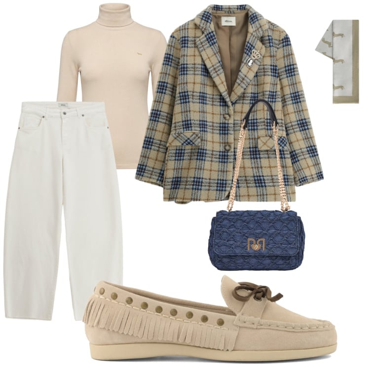 Outfit donna - Vintage life. Stile Chic per Ufficio. Abbinamento con maglieria, sciarpe, blazer, jeans, borse a spalla, mocassini.