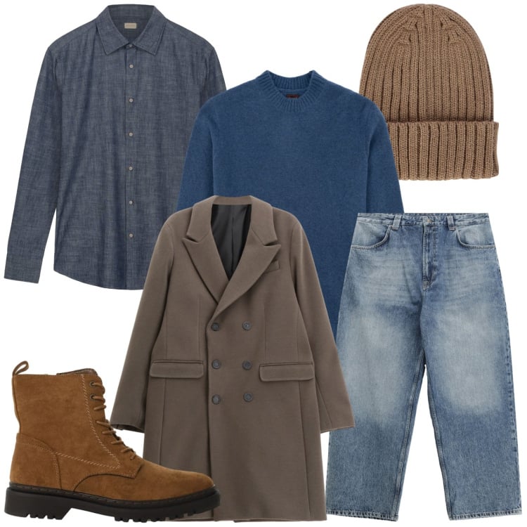 Outfit uomo - Stratificazioni. Stile Casual per Tutti i giorni. Abbinamento con jeans, cappotti, anfibi, berretti, camicie, maglieria.