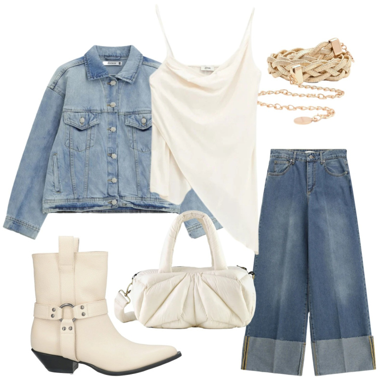 Outfit donna - Denim, but Make It 2026. Stile Glamour per Tutti i giorni. Abbinamento con stivaletti texani, jeans, top, blazer, cinture, borse a mano.