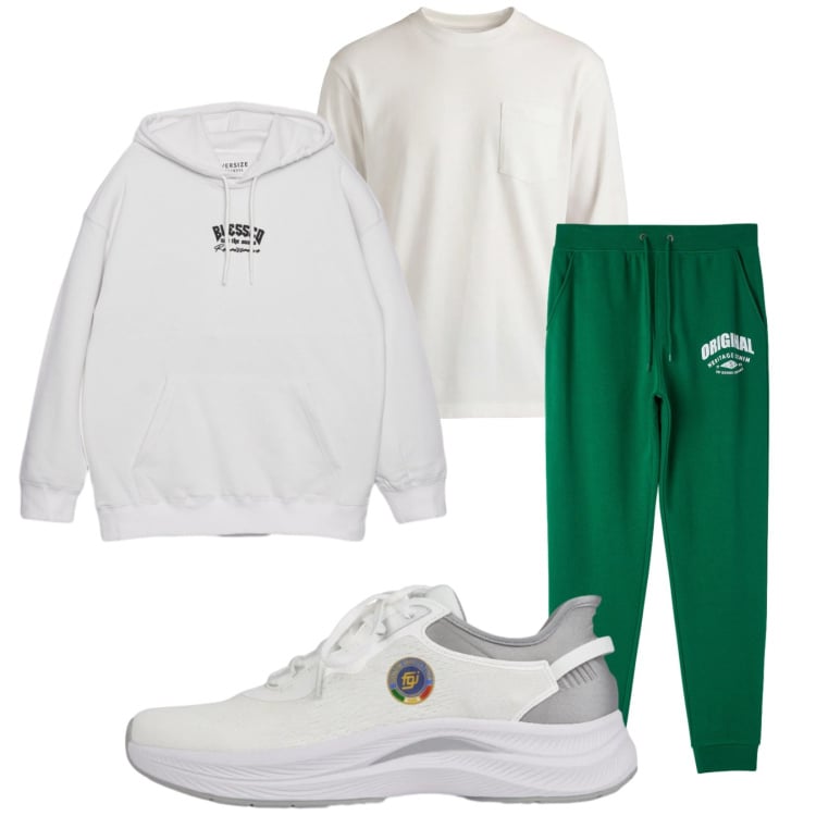 Outfit uomo - Total look #2360536. Stile Casual per Sport. Abbinamento con t-shirt, felpe con cappuccio, pantaloni sportivi, scarpe sportive.
