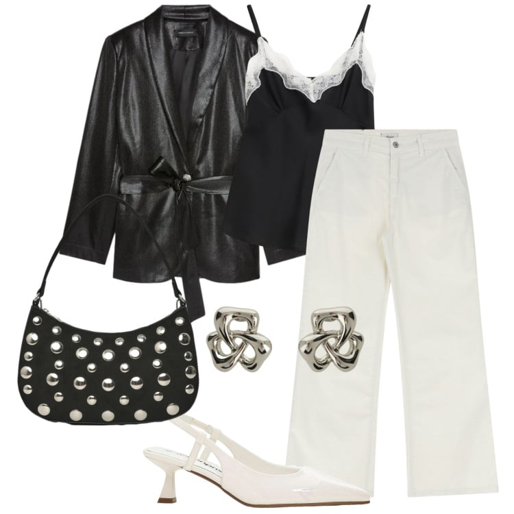 Outfit donna - Blazer con carattere. Stile Urban per Tutti i giorni. Abbinamento con décolleté, borse a tracolla, blazer, jeans, orecchini, top.