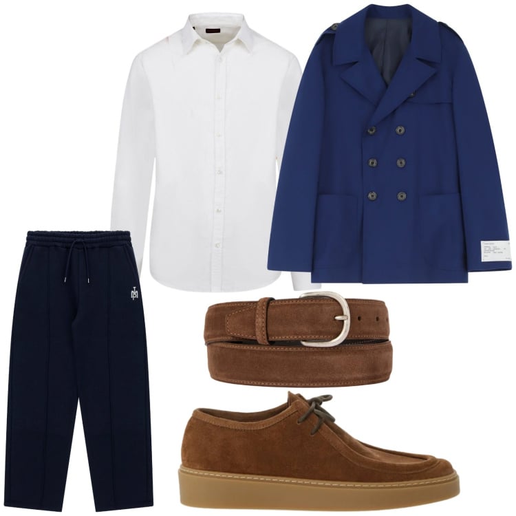 Outfit uomo - Blazer blu navy. Stile Trendy per Ufficio. Abbinamento con pantaloni, caban, scarpe stringate, cinture, camicie.