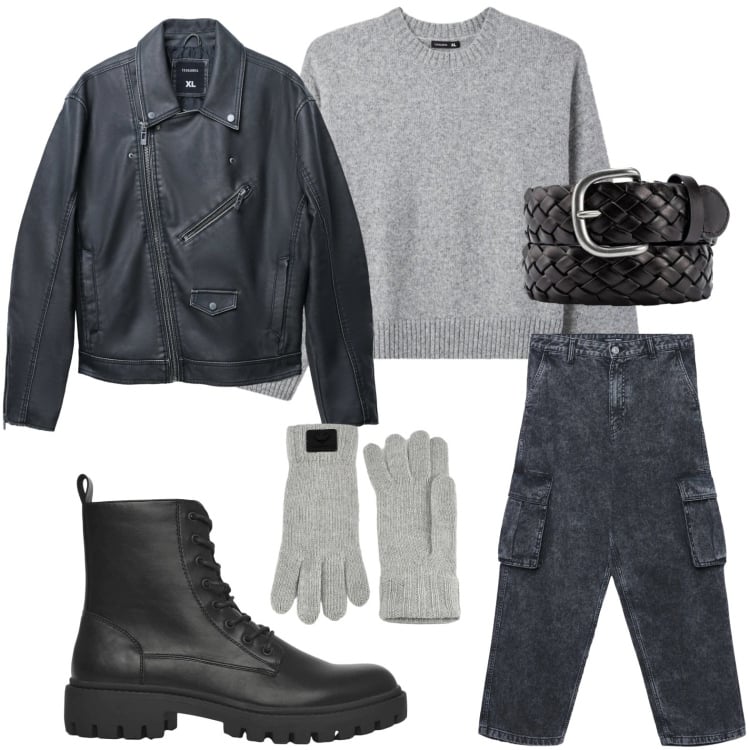 Outfit uomo - Stile rock. Stile Biker Rock per Serata speciale. Abbinamento con anfibi, giacche, jeans, pullovers, guanti, cinture.