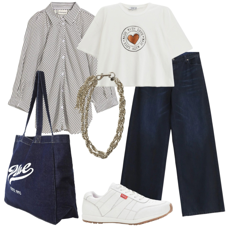Outfit donna - La shopper in denim. Stile Urban per Tutti i giorni. Abbinamento con sneakers, camicie, collane, jeans, t-shirt, shopping bag.