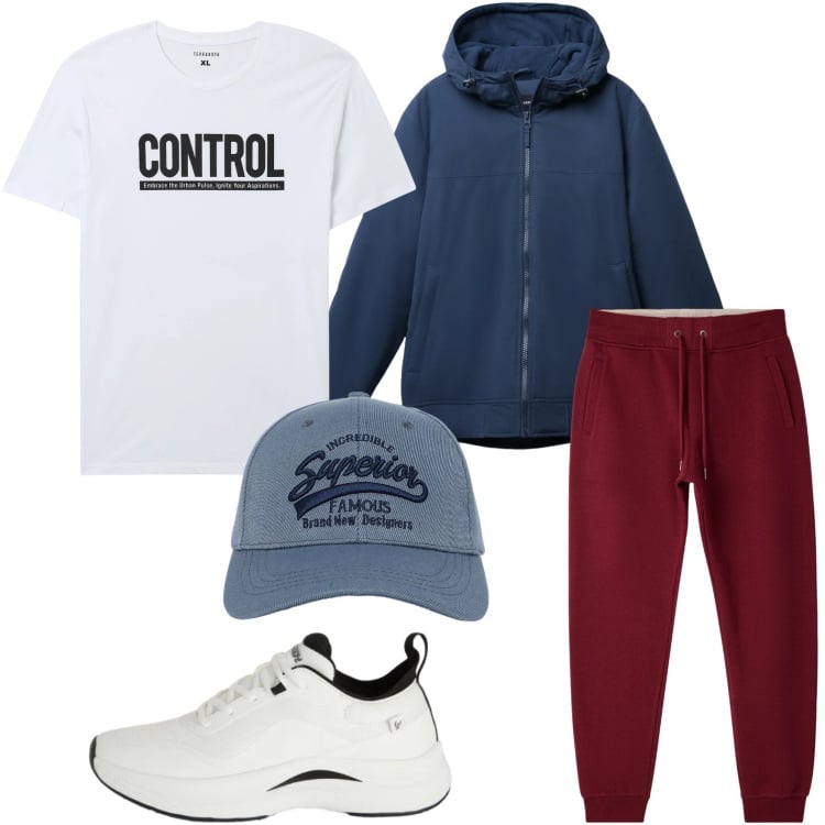 Outfit uomo - Mood sportivo. Stile Trendy per Tutti i giorni. Abbinamento con t-shirt, cappelli con visiera, giacche, pantaloni, sneakers.
