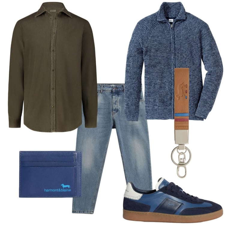 Outfit uomo - In giro. Stile Casual per Tutti i giorni. Abbinamento con cardigans, sneakers, portachiavi, portafogli, jeans, camicie.