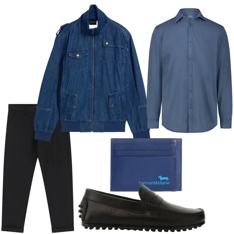 Outfit uomo - Denim quanto basta. Stile Trendy per Tutti i giorni. Abbinamento con giacche, portafogli, pantaloni chino, scarpe stringate, camicie.