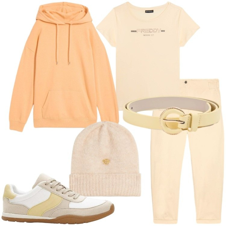 Outfit donna - Il potere dei colori pastello. Stile Casual per Tutti i giorni. Abbinamento con sneakers, felpe con cappuccio, cinture, pantaloni, t-shirt, berretti.