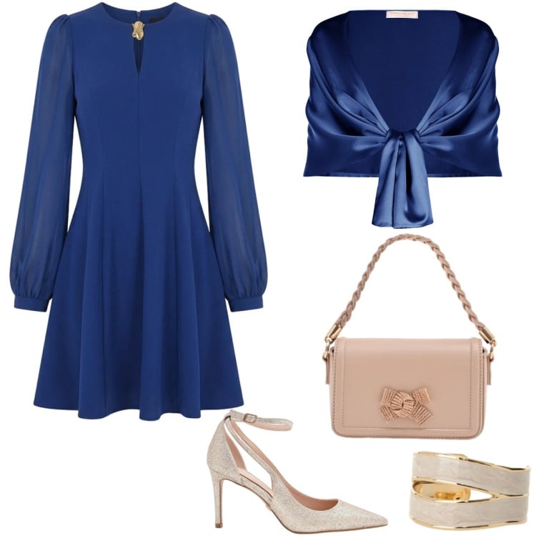 Outfit donna - Total look #2360570. Stile Chic per Cerimonia. Abbinamento con anelli, pochette, décolleté, vestiti corti, stole.