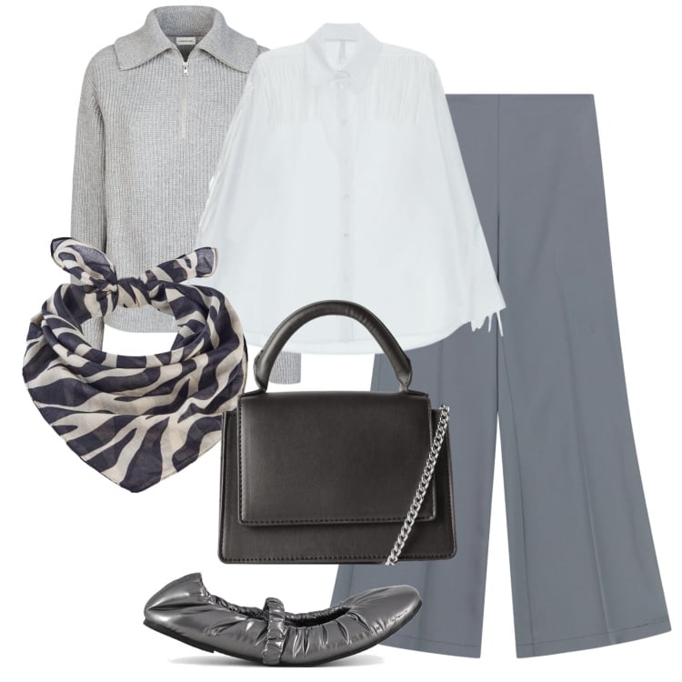 Outfit donna - Grey shades. Stile Urban per Tutti i giorni. Abbinamento con foulard, pantaloni a palazzo, camicie, borse a tracolla, ballerine, maglieria.