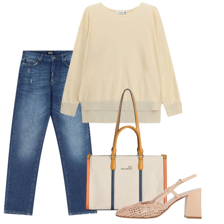 Outfit donna - Marzo. Stile Bon Ton per Tutti i giorni. Abbinamento con décolleté, borse tote, jeans dritti, maglieria.